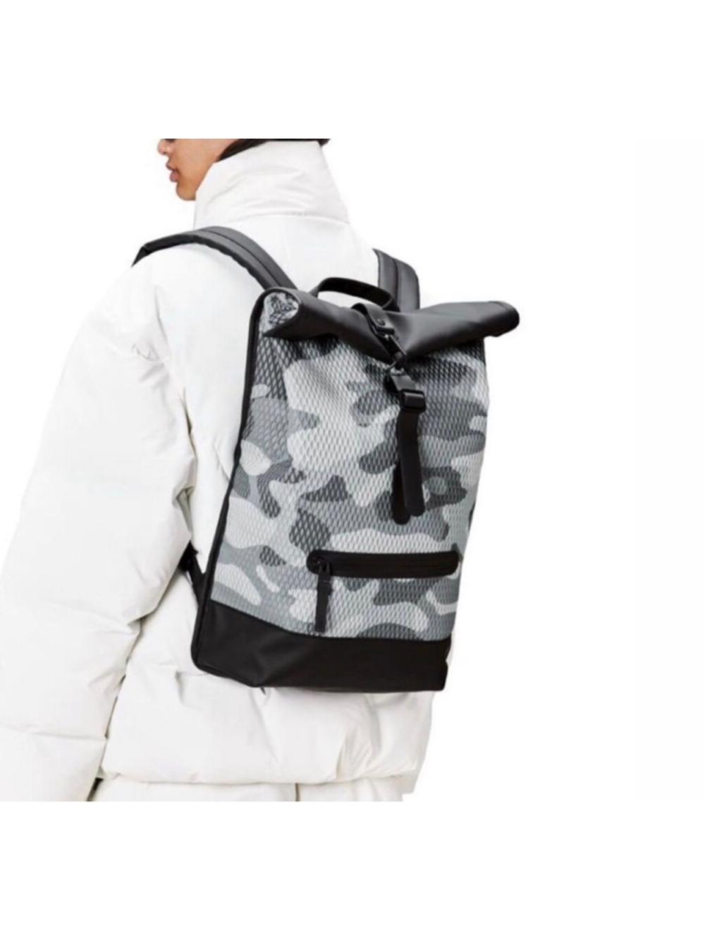 NWT RAINS Rolltop Rucksack Mesh W3 Camo Waterproof Backpack Laptop Bag $155 MSRP